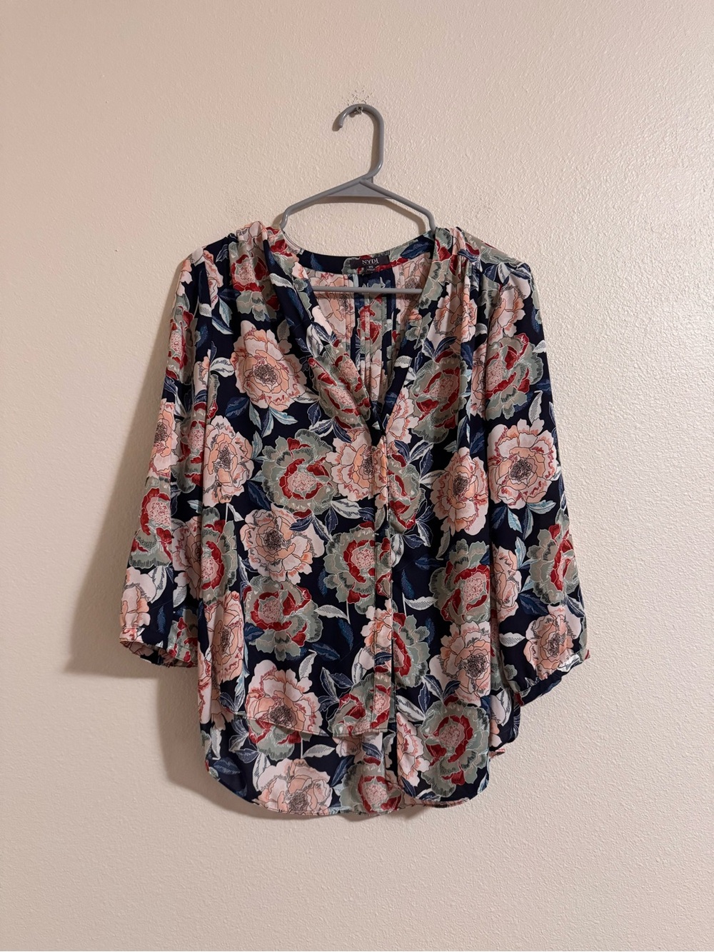 NYDJ Navy Floral Button-Front Blouse with Pink & Red Blooms